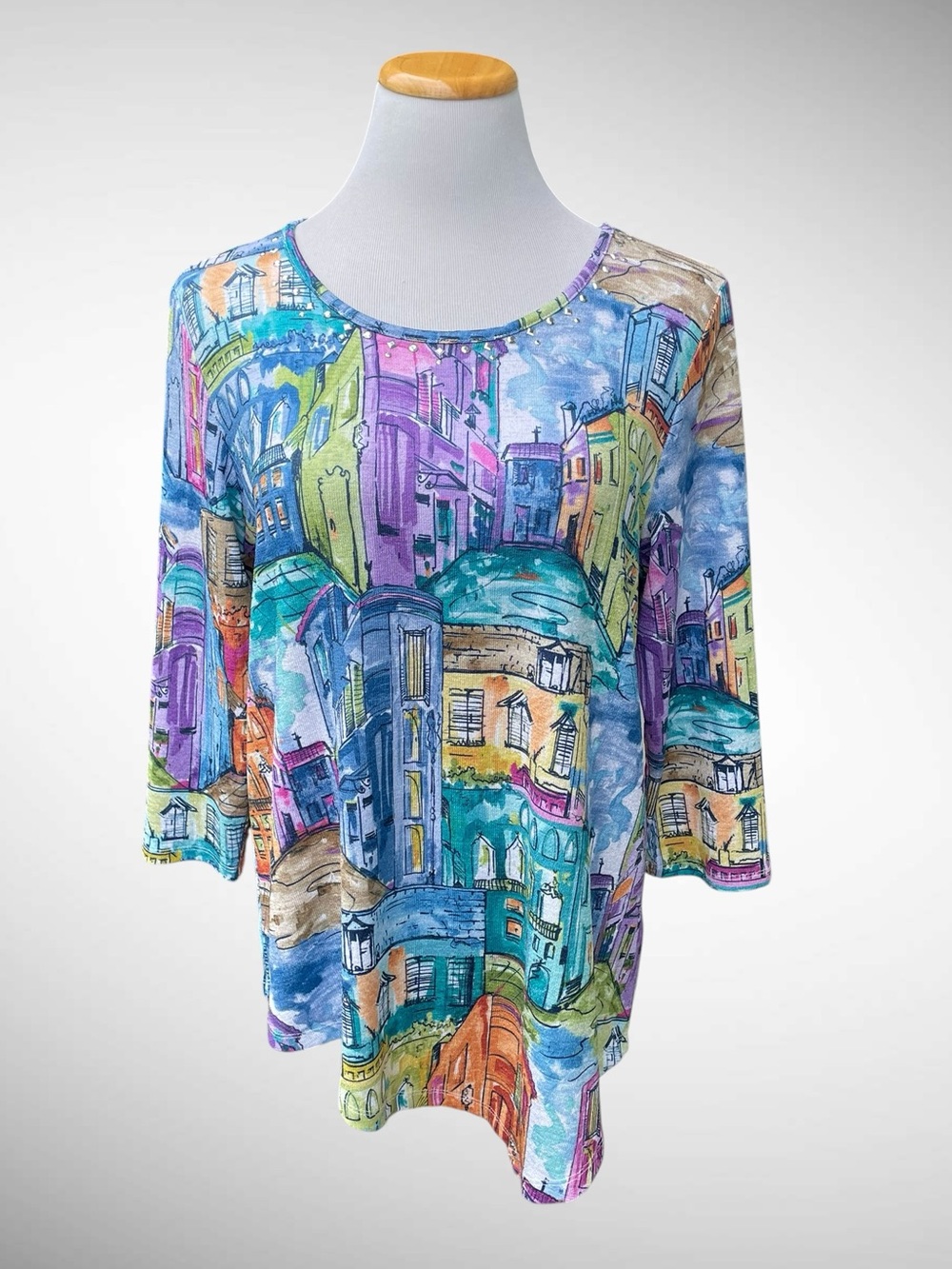Alfred Dunner Cityscape Colorful Asymmetrical Pullover Top 3/4-Sleeves